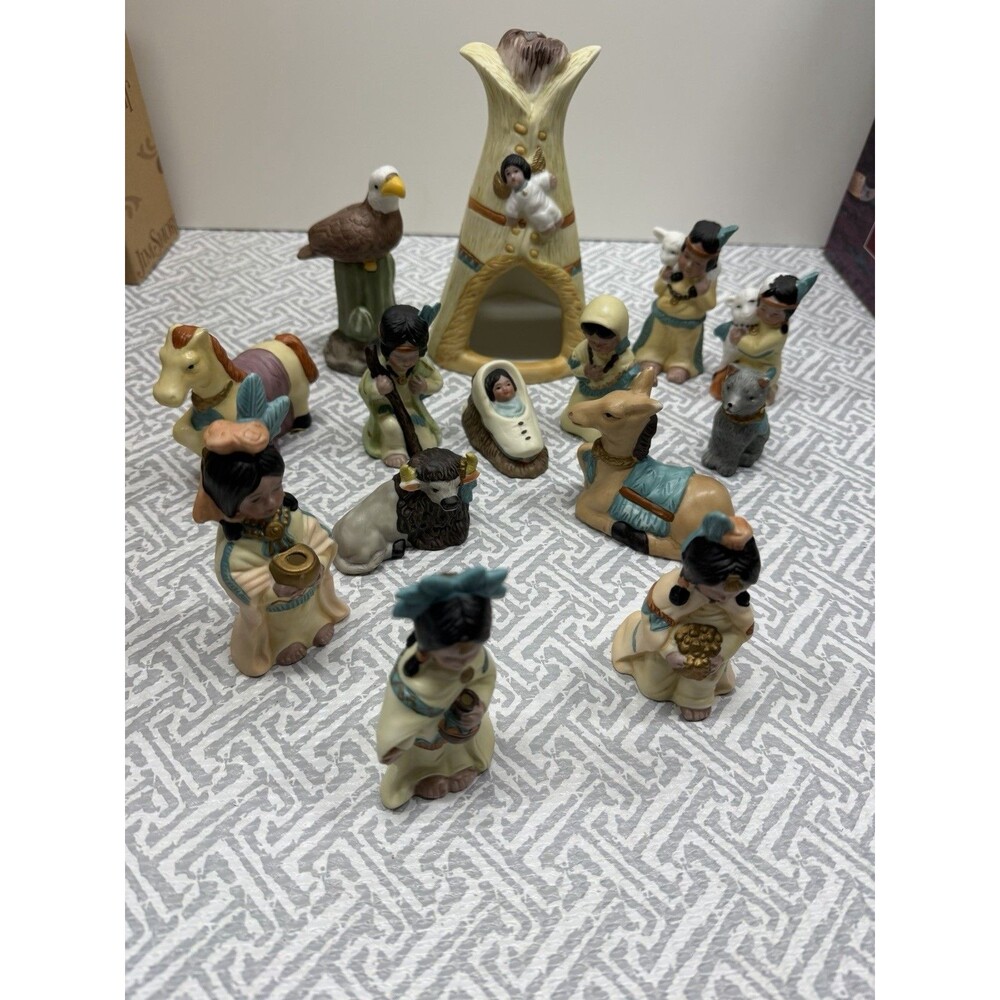 Vintage 13-Piece Native American Nativity Set – Complete Porcelain Collection